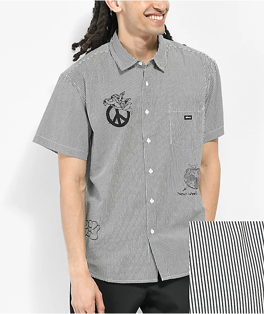 Obey New World Black & White Stripe Short Sleeve Button Up Shirt