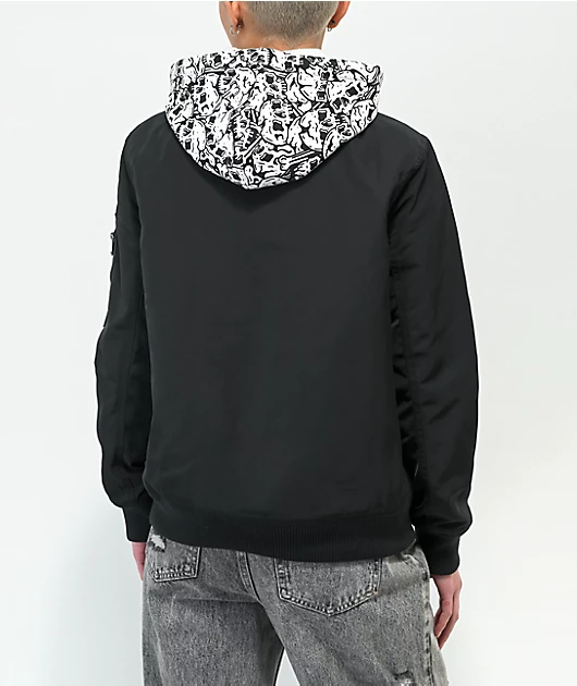 Lurking Class by Sketchy Tank Skulls Black Hooded Bomber Jacket