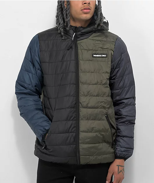 Members Only Packable Green & Blue Hooded Puffer Jacket