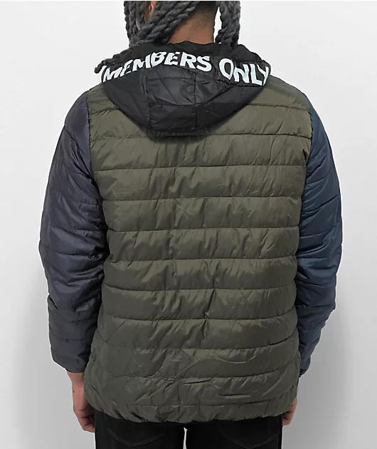 Members Only Packable Green & Blue Hooded Puffer Jacket