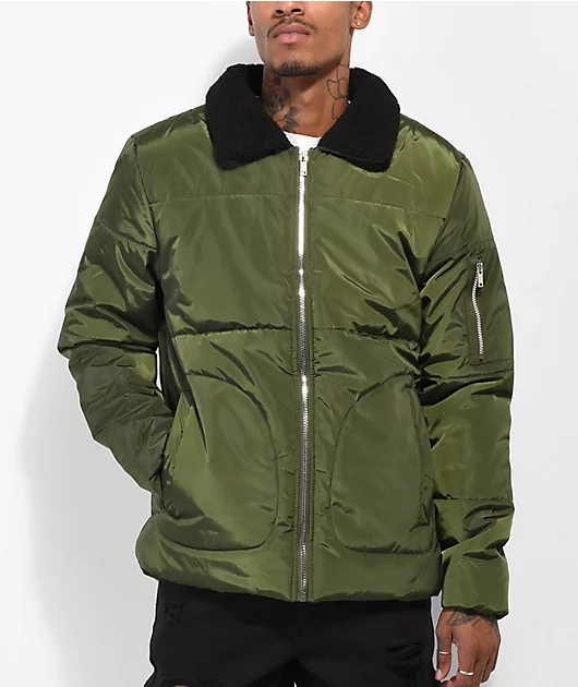 American Stitch Sherpa Collar Olive Puffer Jacket