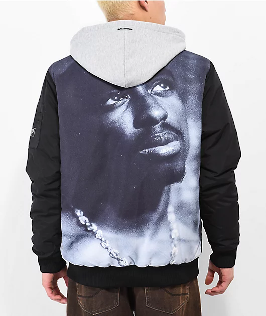 Primitive x Tupac 2fer Black & Grey Hooded Bomber Jacket