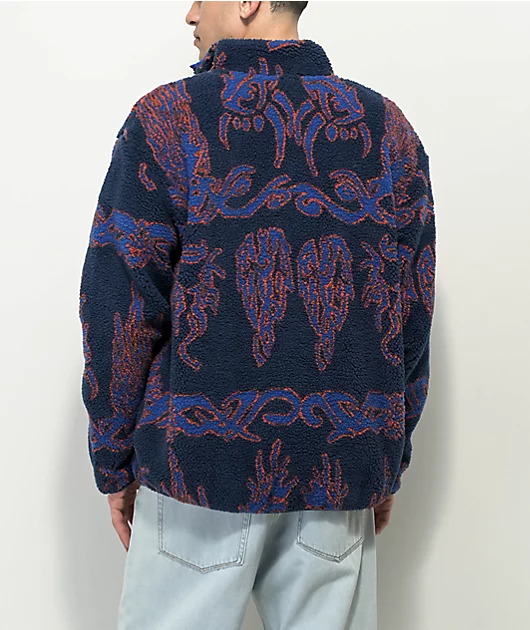 WKND Temple Fleece Navy Blue & Red Sherpa Jacket