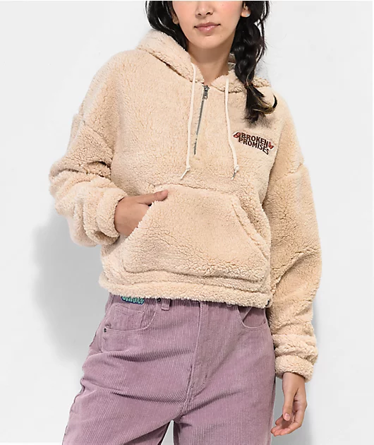 Broken Promises Cry Later Cream Half Zip Crop Tech Fleece Hoodie