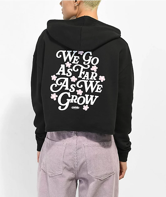 Petals and Peacocks We Grow Black Crop Hoodie