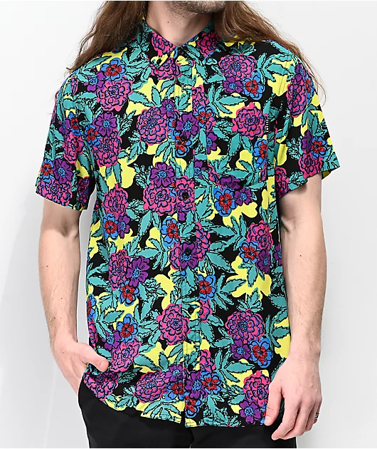Empyre Floral Black, Yellow & Teal Woven Short Sleeve Button Up Shirt