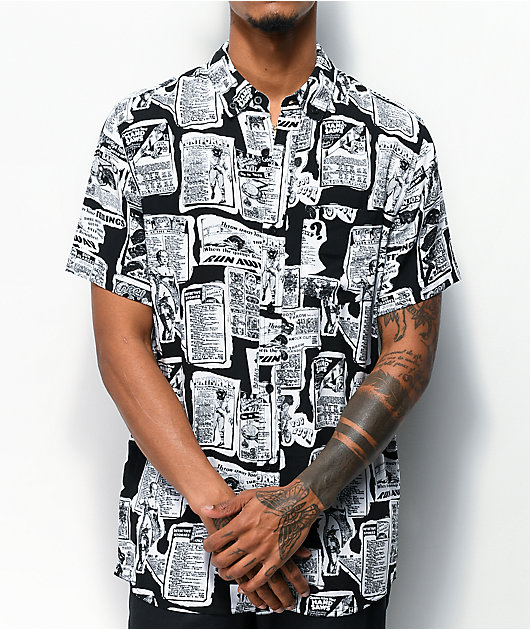 Empyre Tate Newspaper Black & White Short Sleeve Button Up Shirt