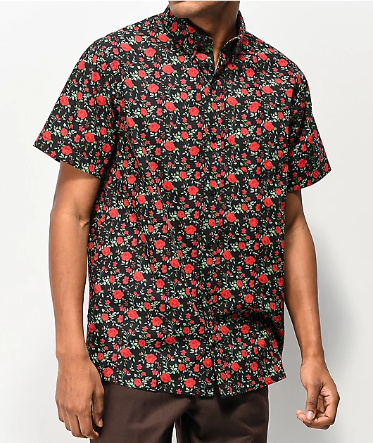 Empyre Tate Roses Black & Red Short Sleeve Button Up Shirt