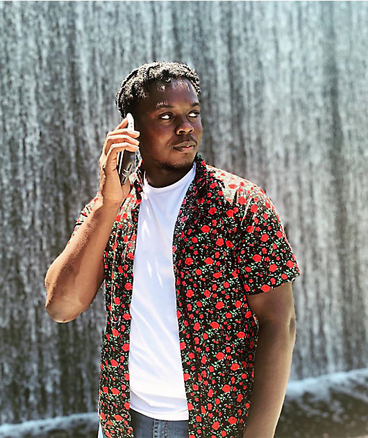 Empyre Tate Roses Black & Red Short Sleeve Button Up Shirt