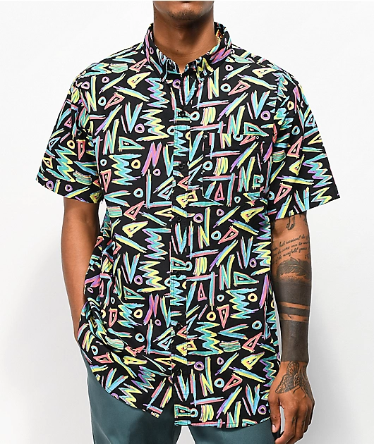 Empyre Shaped Geometric Black Short Sleeve Button Up Shirt