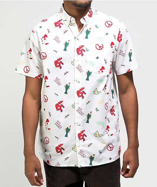 Dravus Peace Out White Short Sleeve Button Up Shirt