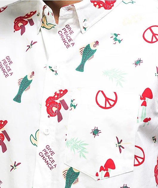 Dravus Peace Out White Short Sleeve Button Up Shirt