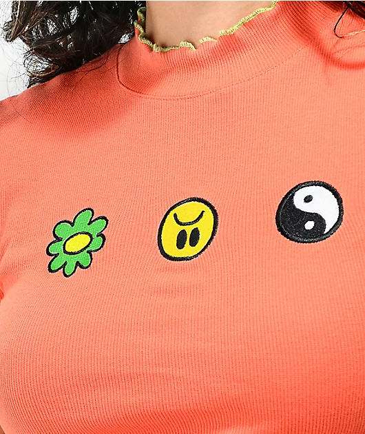 A-Lab Curly Pink Flower Yin Yang Coral Crop T-Shirt