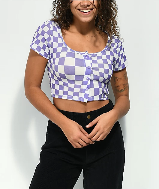 NGOrder Popper Warped Purple & White Checkered Crop Top