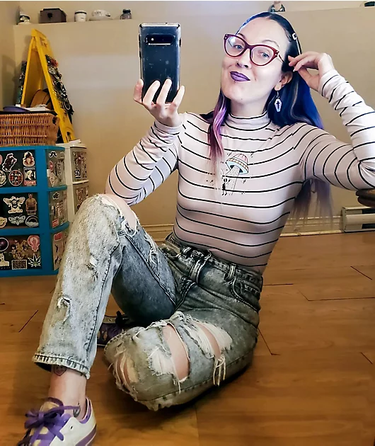 JV by Jac Vanek Later Nerds Purple & Black Striped Mock Neck Top