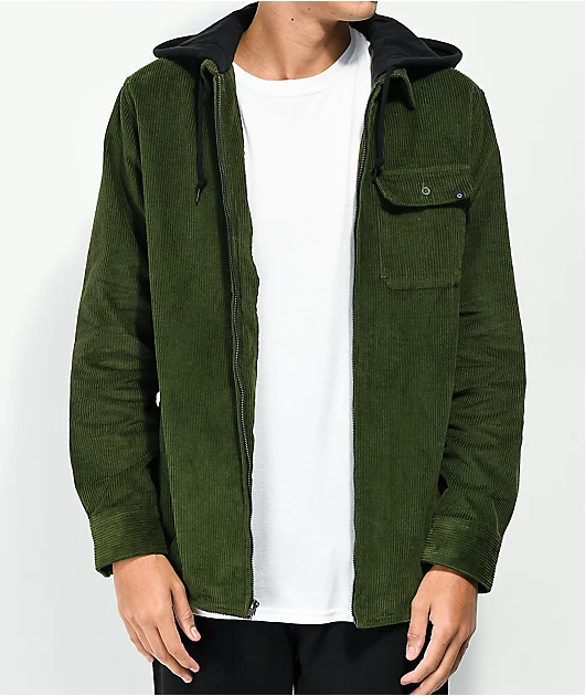 Empyre Fluke Green Hooded Corduroy Woven Long Sleeve Shirt