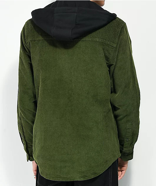 Empyre Fluke Green Hooded Corduroy Woven Long Sleeve Shirt