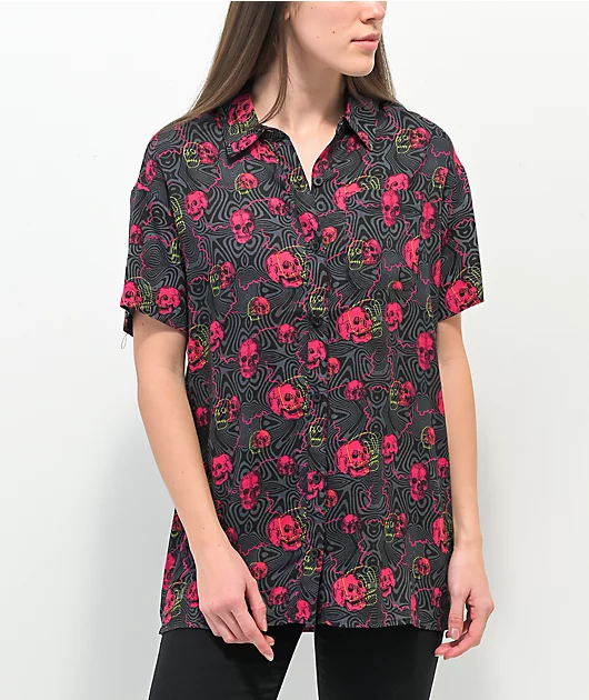 Vitriol Caedia Skull Lightning Black & Purple Short Sleeve Button Up Shirt