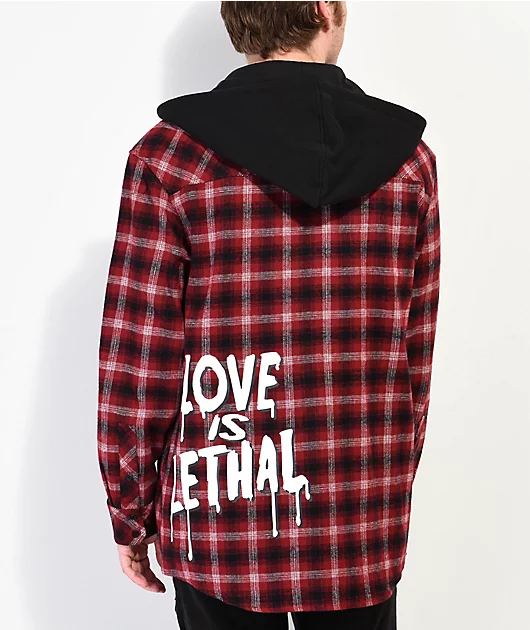 Broken Promises Love Is Lethal Red Hooded Flannel Jacket