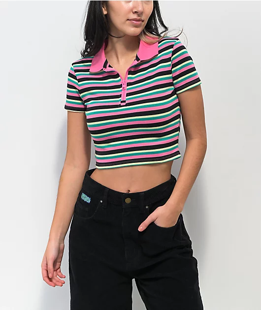 A.LAB Cordina Pink & Green Stripe Zip Crop Polo Shirt