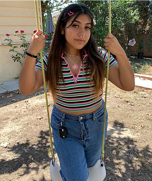 18888-a.lab-cordina-pink-green-stripe-zip-crop-polo-shirt-4.jpg A.LAB Cordina Pink & Green Stripe Zip Crop Polo Shirt