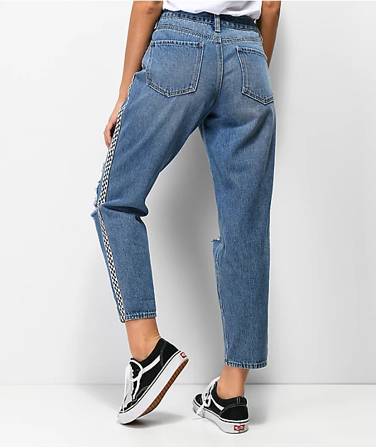 Empyre Eileen Checkered Striped Light Wash Mom Jeans