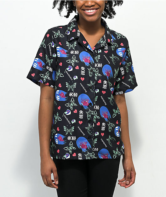 Vitriol Ziggy Anime Print Black Short Sleeve Button Up Shirt