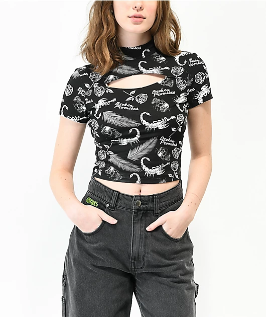 Broken Promises Tropic Disaster Black Mock Neck Crop T-Shirt