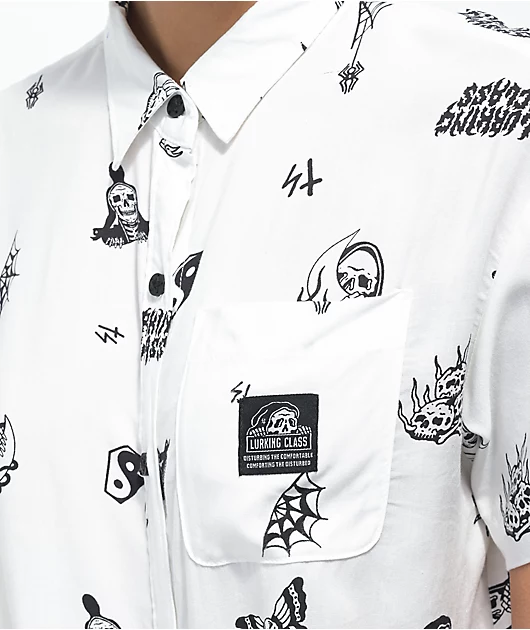 Lurking Class by Sketchy Tank Mixed White Short Sleeve Button Up Tie Front Shirt