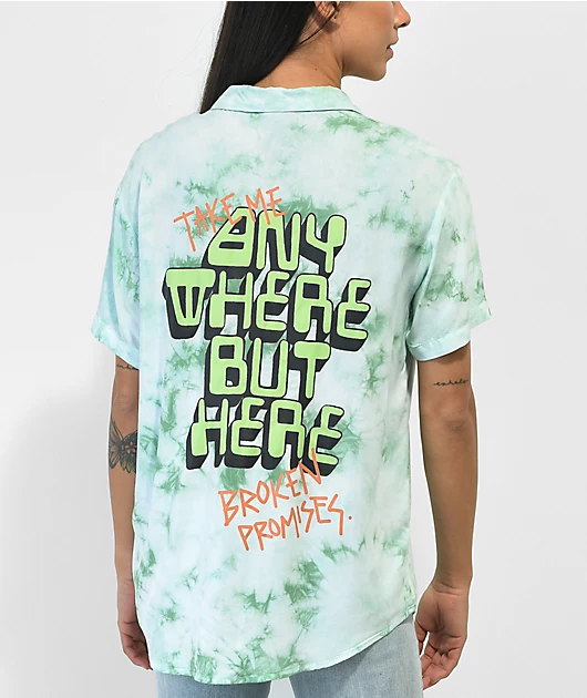 Broken Promises Outsider Green Tie Dye Short Sleeve Button Up Shirt