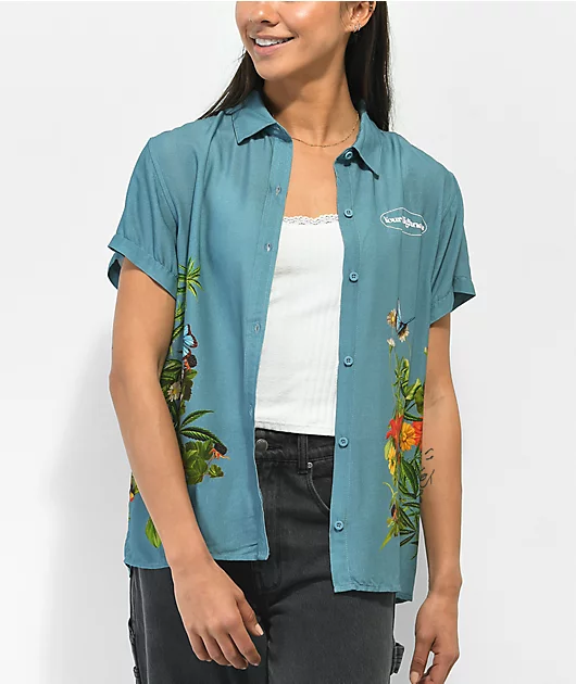 Your Highness Botanical Blue Short Sleeve Button Up Shirt