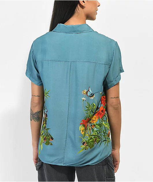 Your Highness Botanical Blue Short Sleeve Button Up Shirt