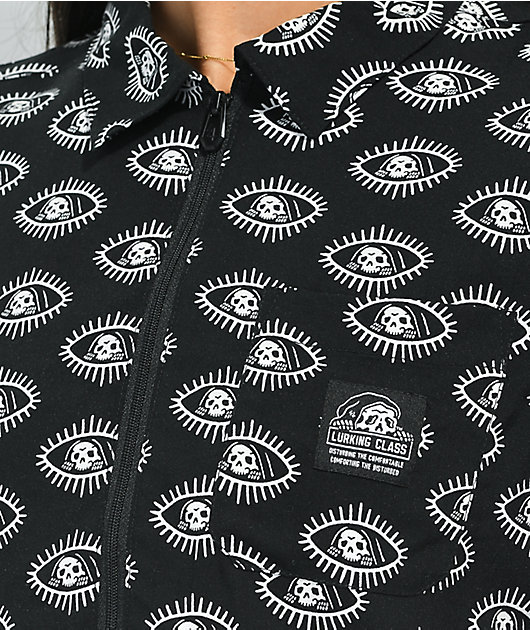 Lurking Class by Sketchy Tank Eyes Black Crop Short Sleeve Zip Up Shirt