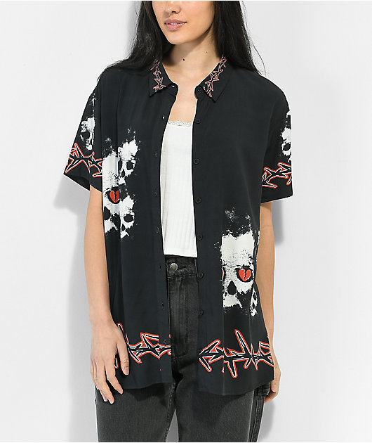 Broken Promises Mania Black Short Sleeve Button Up Shirt