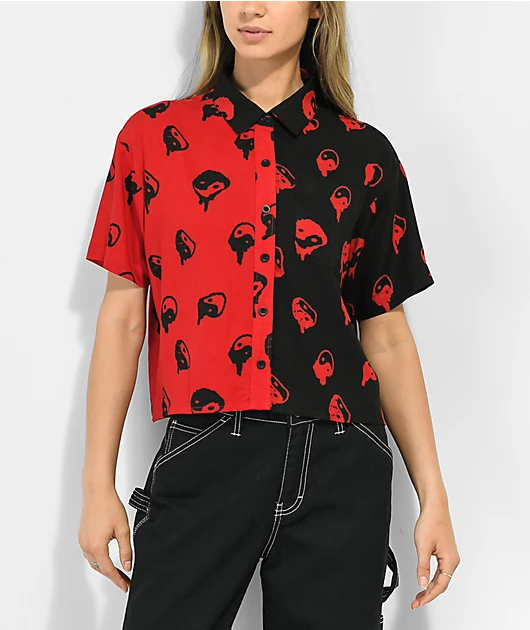 Empyre Joana Yin Yang Black & Red Short Sleeve Button Up Shirt