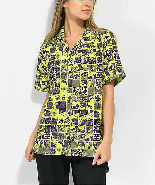 Vitriol Ziggy Woodblock Green & Purple Button Up Shirt