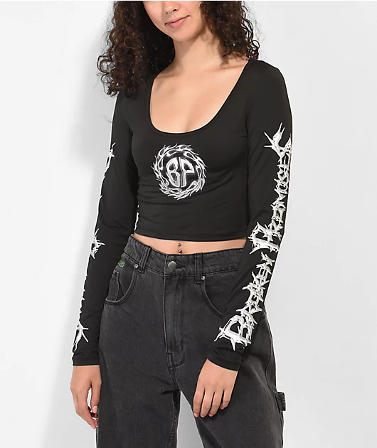 Broken Promises Shard Black Long Sleeve Crop Top