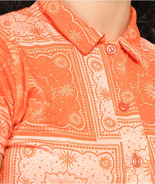 Daisy Street Bandana Orange Short Sleeve Crop Button Up Shirt