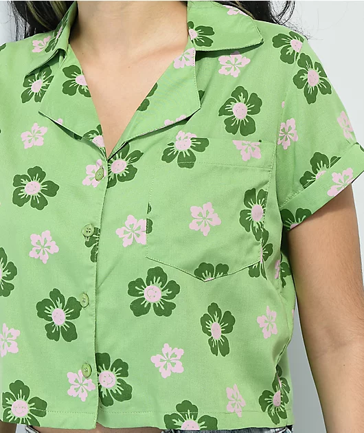 Daisy Street Sadie Hibiscus Green Button Up Short Sleeve Crop Shirt