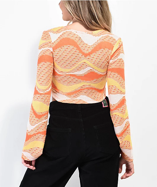 NGOrder Orange Flare Sleeve Tie Front Crochet Crop Top