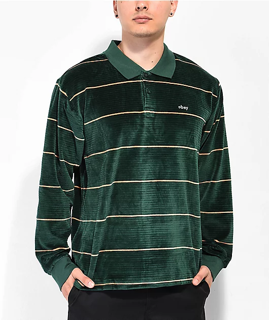 Obey Fete Green Velour Long Sleeve Polo Shirt