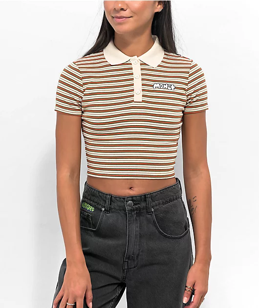 Monet Skateboards Madina Brown Striped Crop Polo Shirt