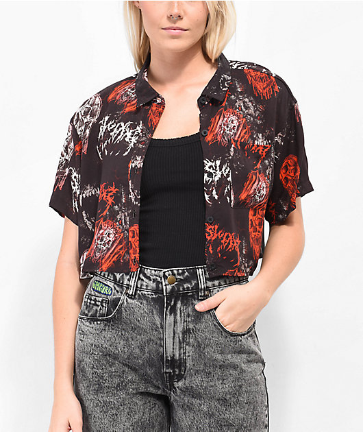 SWIXXZ Monster Pattern Black Crop Button Up Shirt
