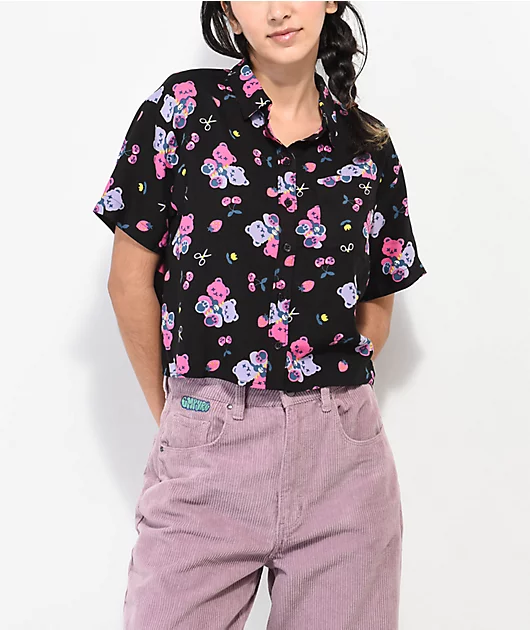 A.LAB Kona Teddy Bear Black Crop Short Sleeve Button Up Shirt