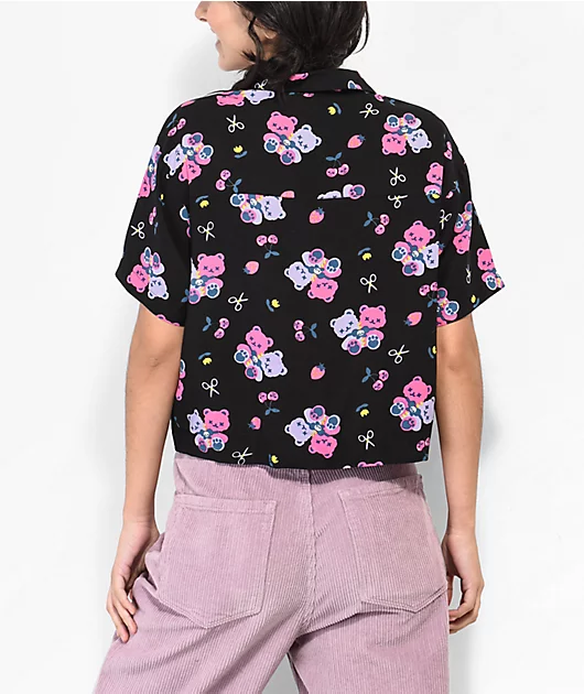 A.LAB Kona Teddy Bear Black Crop Short Sleeve Button Up Shirt