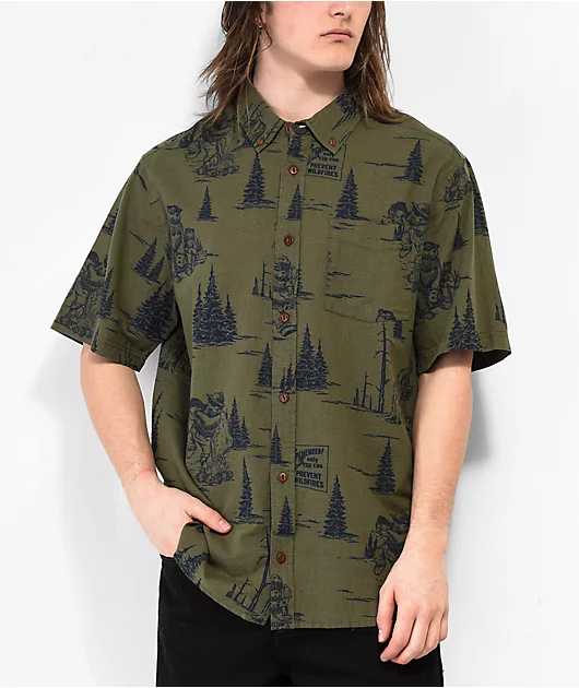Element x Smokey Bear Scene Dark Green Short Sleeve Button Up Shirt