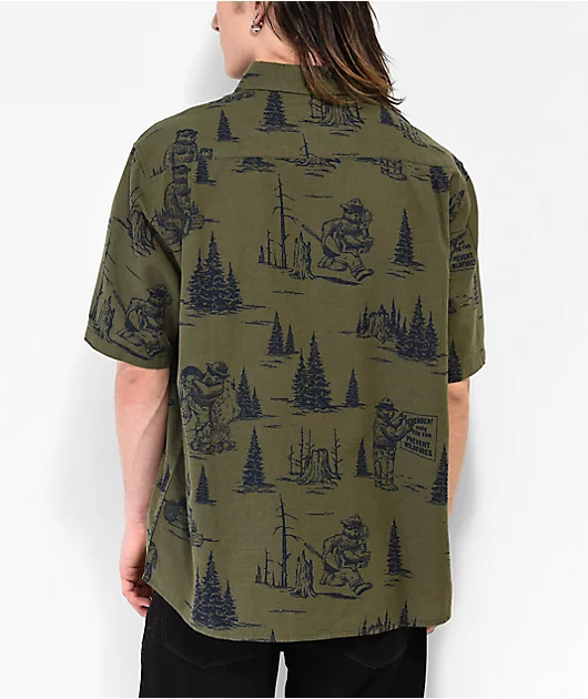 Element x Smokey Bear Scene Dark Green Short Sleeve Button Up Shirt