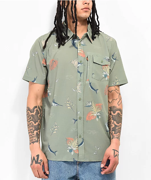 Salty Crew Ernesto Green Perforated Woven Short Sleeve Button Up Shirt