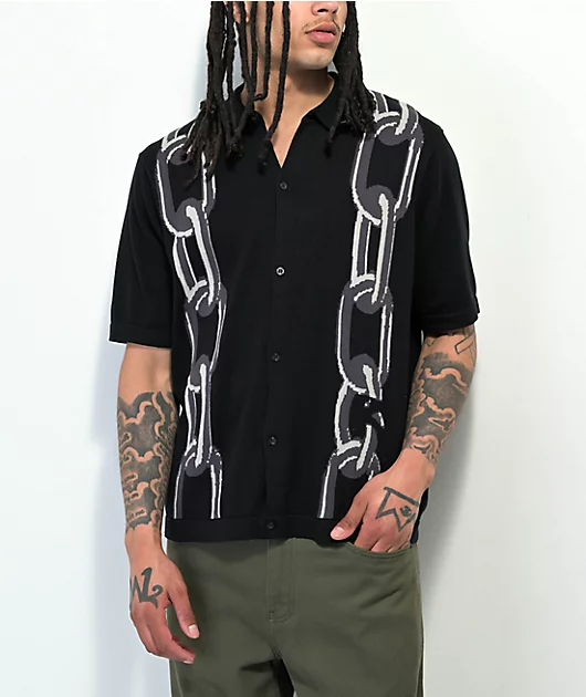 HUF Linked Black Knit Button Up Short Sleeve Sweater