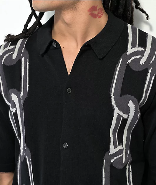 HUF Linked Black Knit Button Up Short Sleeve Sweater